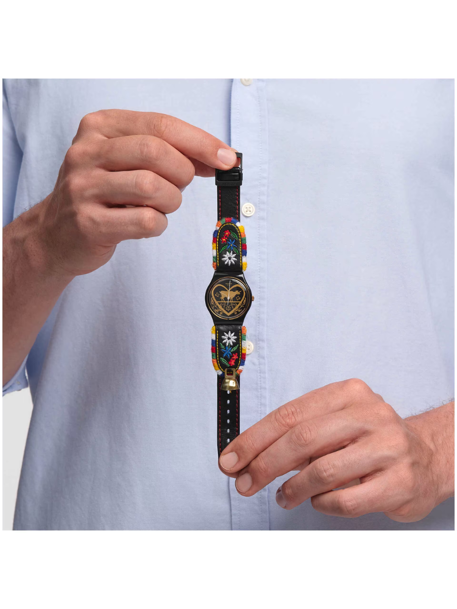 Swatch DIE GLOCKE GB285 Grüezi All Collection Black Leather Watch