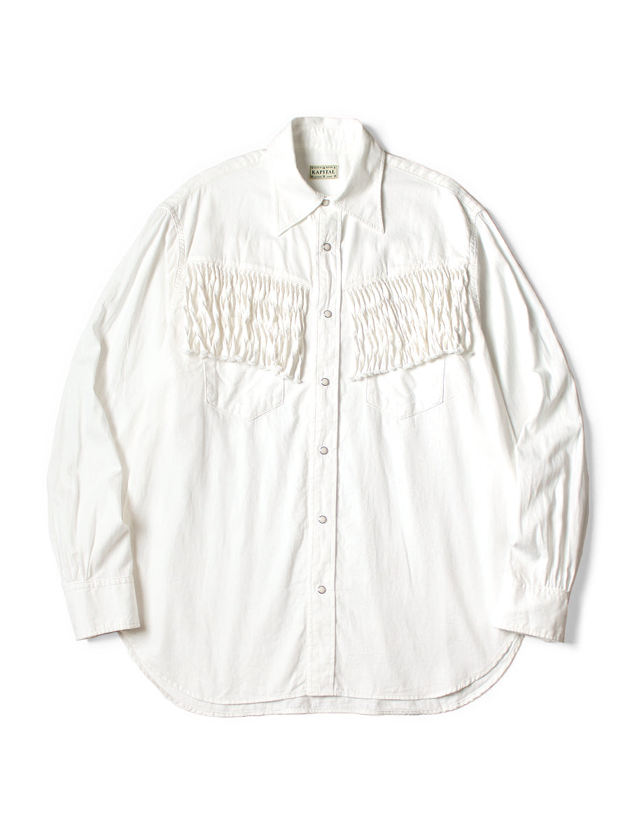 Kapital 5.5oz White Denim Fringe Husky Western Shirt long sleeve