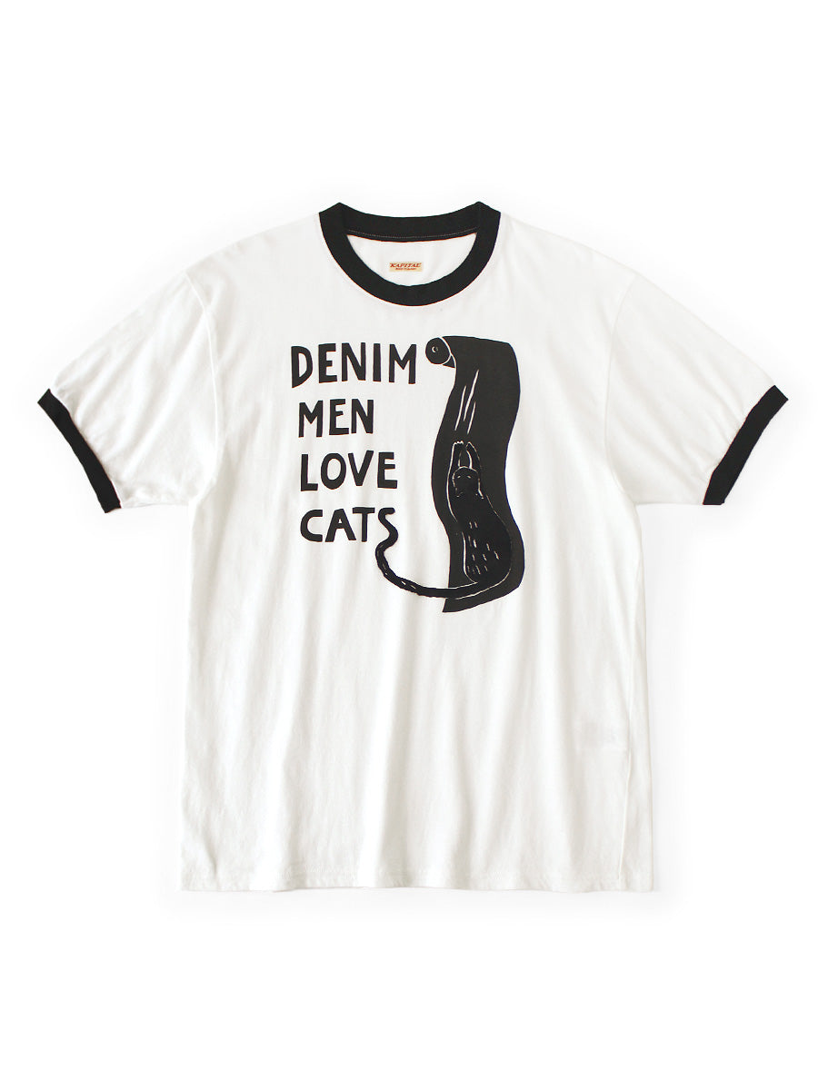 Kapital 20/- Jersey Ringer T-shirt (DENIM MEN LOVE CATS scratch print) Tee