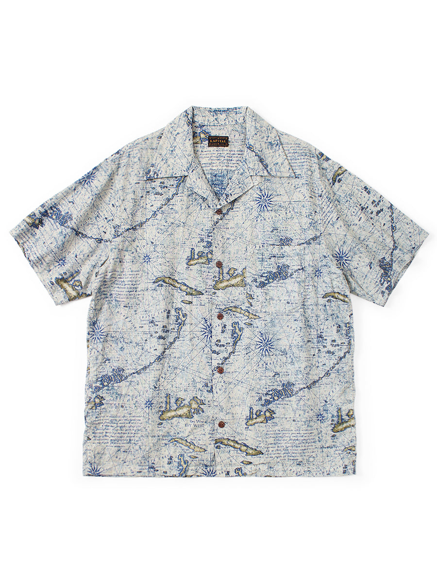 Kapital French Cross Linen Discharge Print Key West Pattern Short-Sleeve Shirt Open-Collar