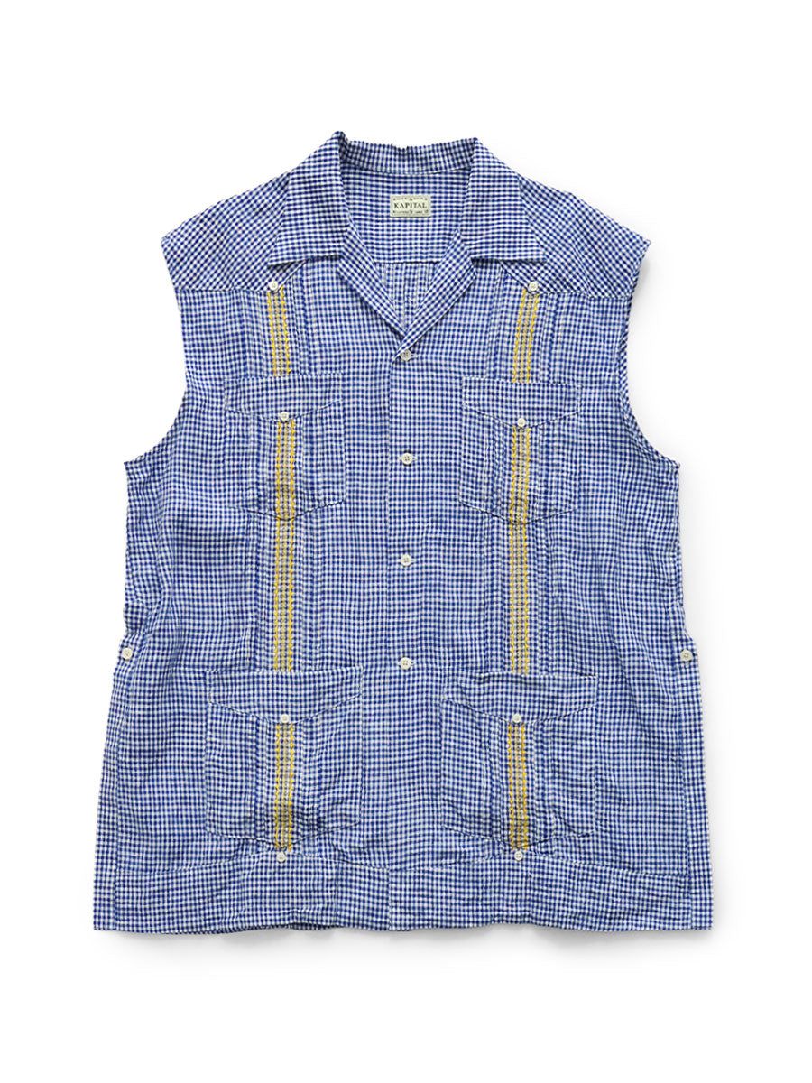 Kapital Linen Gingham Check Sleeveless Cuban Shirt