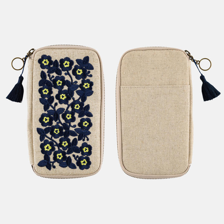 Hobonichi Techo 2026 Small Drawer Pouch Floral Embroidery Linen Organizer Case Navy Yellow