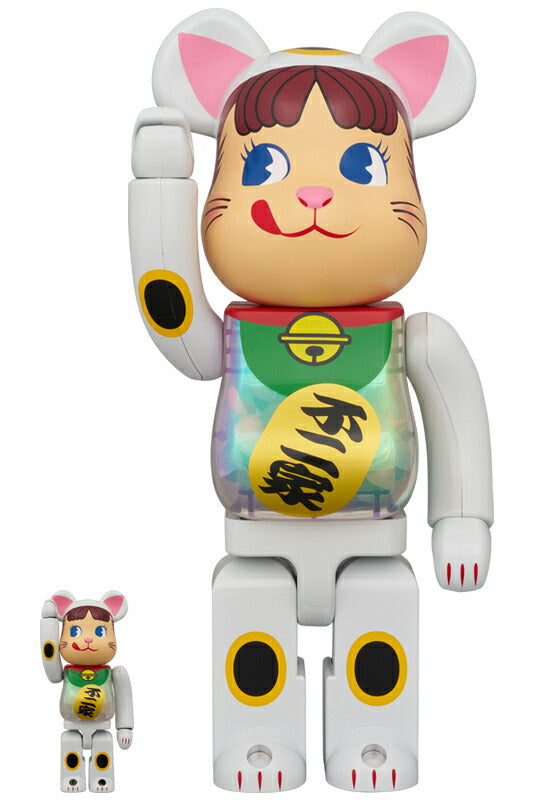 BE@RBRICK Maneki Neko Peko-chan White Plated Glow in the Dark Milky 100% &  400% medicom bearbrick