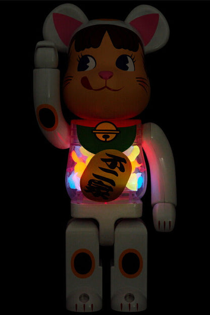 BE@RBRICK Maneki Neko Peko-chan White Plated Glow in the Dark Milky 100% &  400% medicom bearbrick