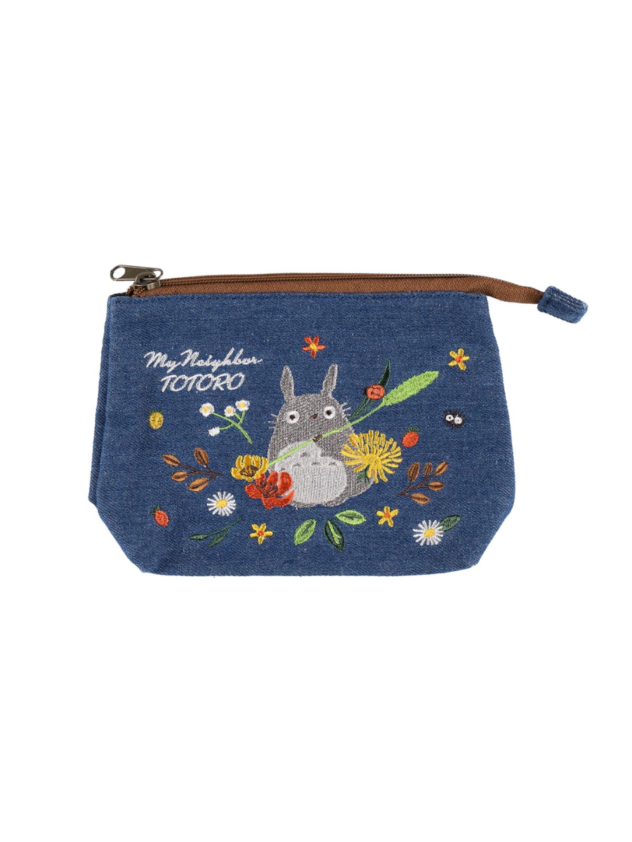 Totoro Denim Embroidered Pouch with Gusset