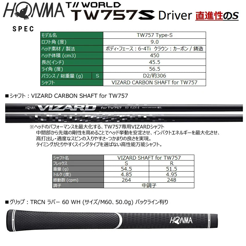 HONMA T//WORLD TW757 Type-S 2022 Driver Right-Hand 9° Adjustable Loft Titanium Head Vizard Carbon Shaft S-Flex