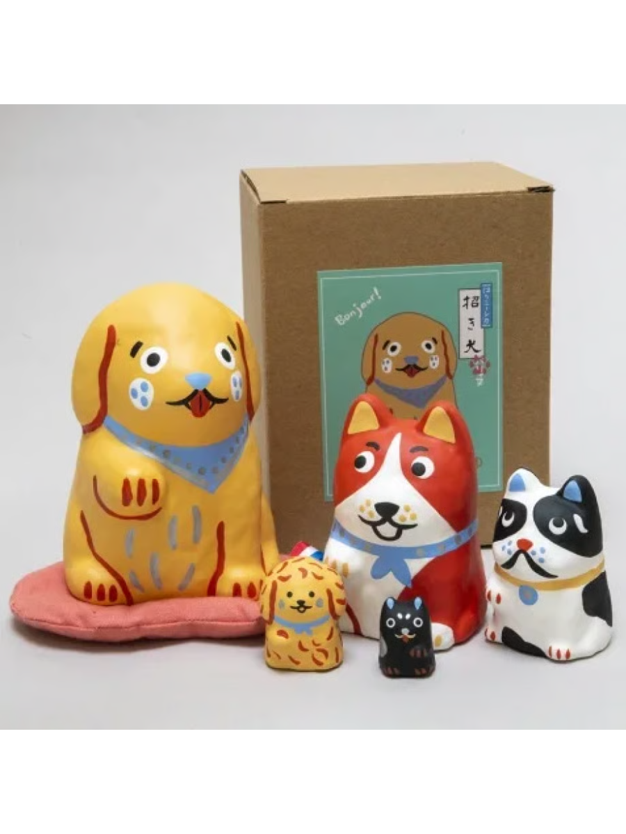 Marie Assenat Hariko-shika Paris-inu Dog Figurine Set Papier-Mache Lucky Charm