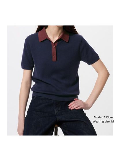 Women Polo Knit Sweater Short Sleeve