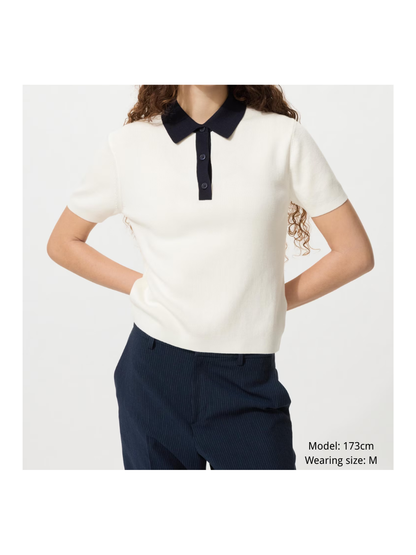 Women Polo Knit Sweater Short Sleeve