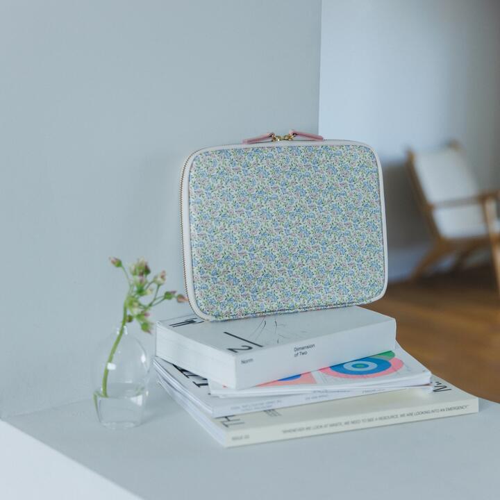 Hobonichi Techo 2026 Large Drawer Pouch Floral Pink Blue Cotton Organizer Accordion Case