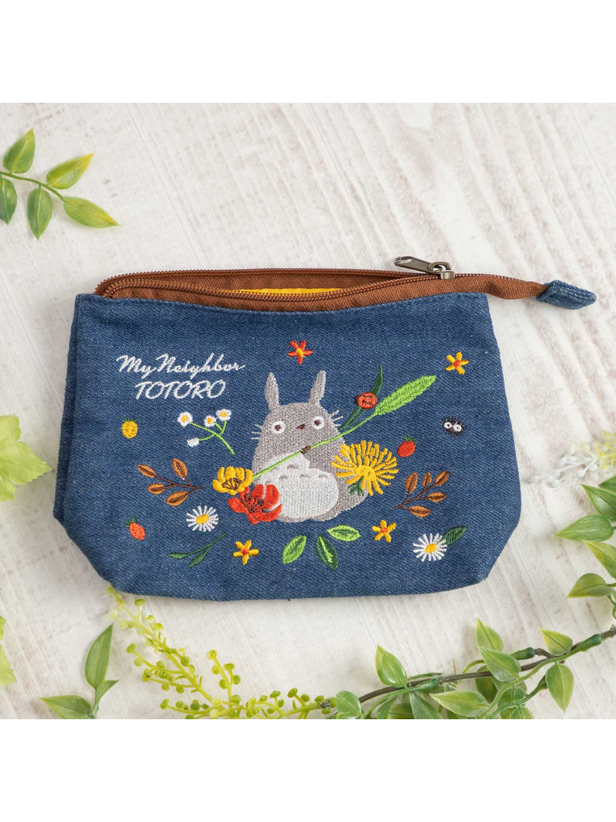 Totoro Denim Embroidered Pouch with Gusset