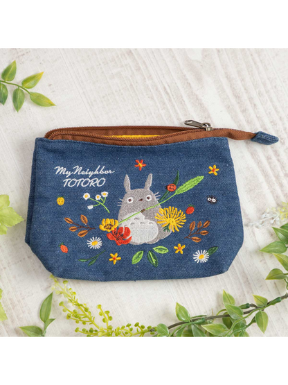 Totoro Denim Embroidered Pouch with Gusset