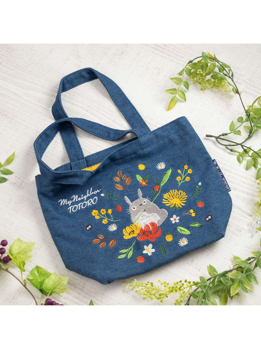 My Neighbor Totoro Denim Lunch Tote Bag Embroidered Floral Design