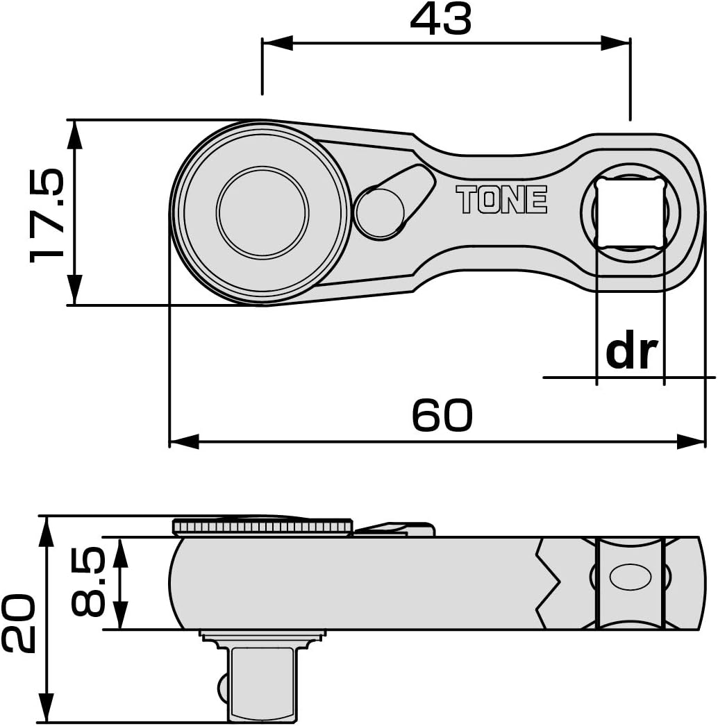 TONE Stubby Ratchet Handle 6.35 mm (1/4") Drive RH2HSS2