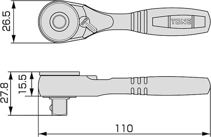 TONE Short Ratchet Handle 9.5 mm (3/8") Drive RH3HQS
