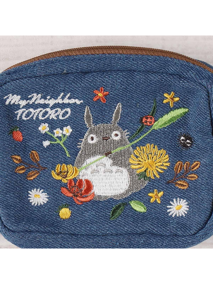 My Neighbor Totoro Denim Mini Pouch Embroidered Floral Design