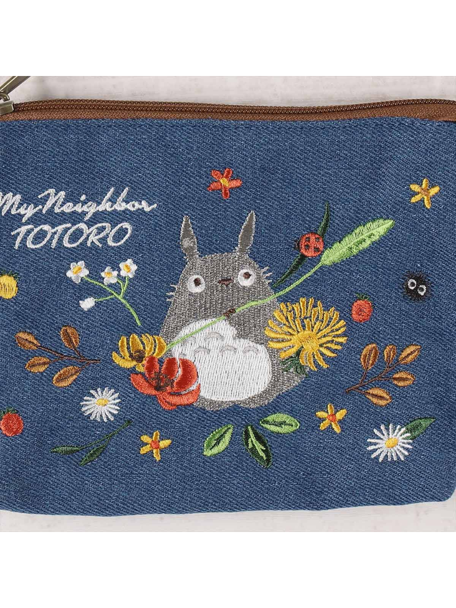 Totoro Denim Embroidered Pouch with Gusset