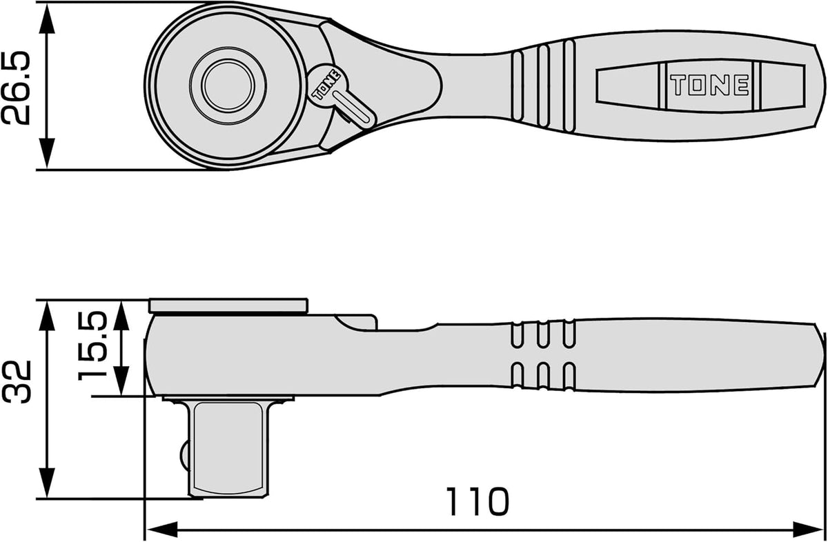 TONE Compact Short Ratchet Handle 12.7 mm (1/2") Drive RH4CHQS