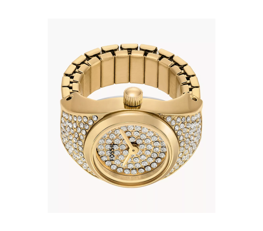Gold Tone Glitz Stainless Steel Watch Ring Quartz Two Hand Ring Watch