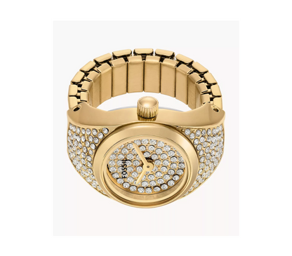 Gold Tone Glitz Stainless Steel Watch Ring Quartz Two Hand Ring Watch