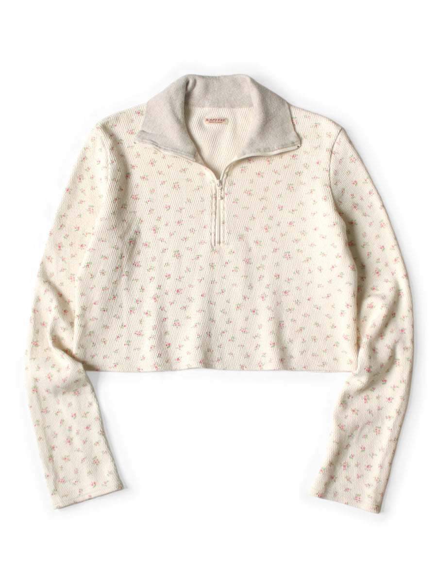 Kapital Waffle Jersey Small Flower Print Half Zip Crop Shirt (Long Sleeve) Women