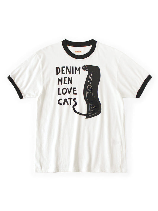 Kapital 20/- Jersey Ringer T-shirt (DENIM MEN LOVE CATS scratch print) Tee