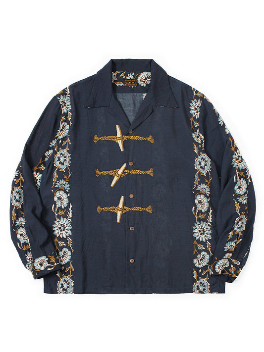 Kapital Silk Rayon Toggle Maile Print Long-Sleeve Open-Collar Shirt