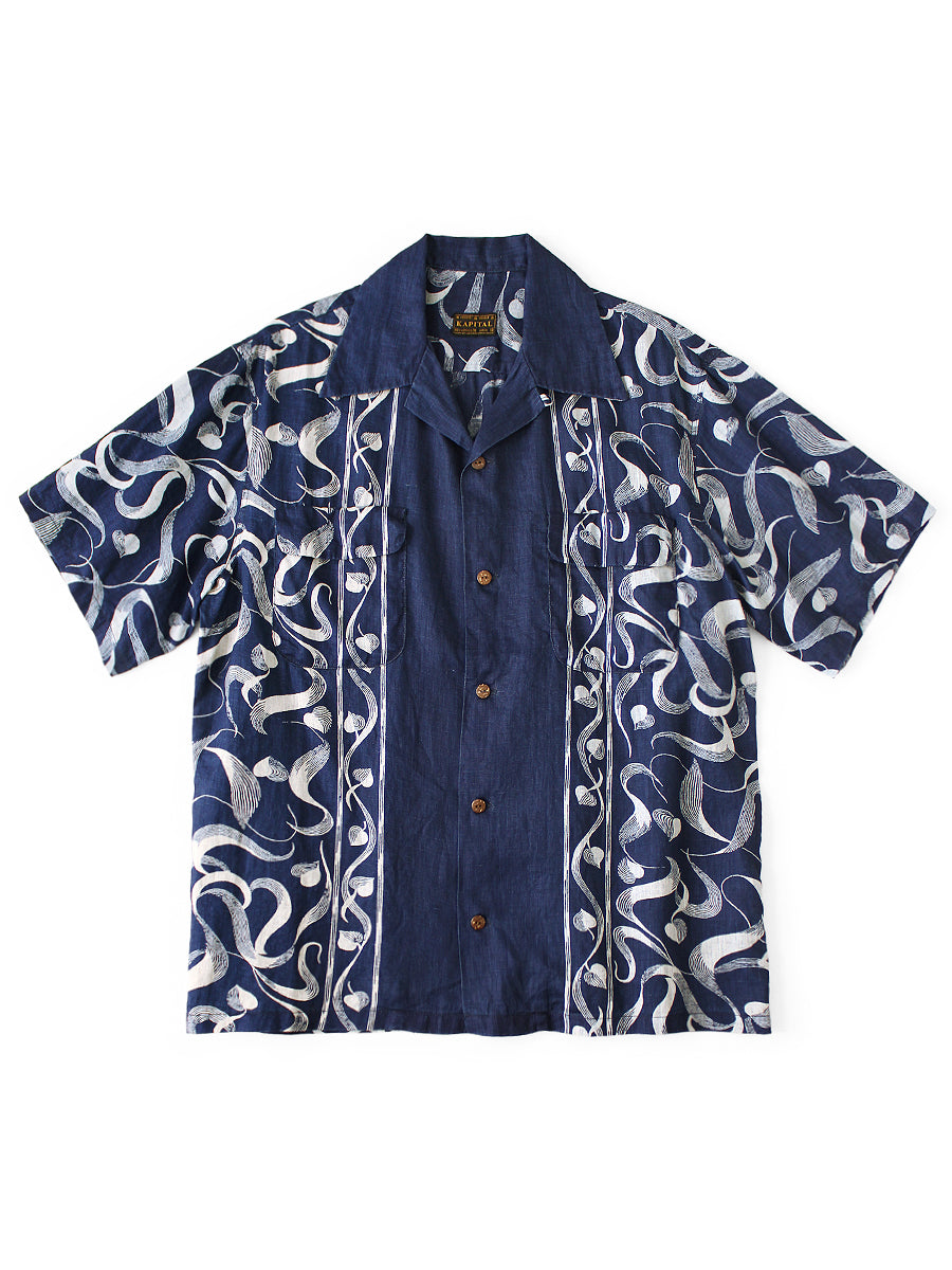 Kapital French Cross Linen Discharge Print Okra Pattern Short-Sleeve Open-Collar Shirt