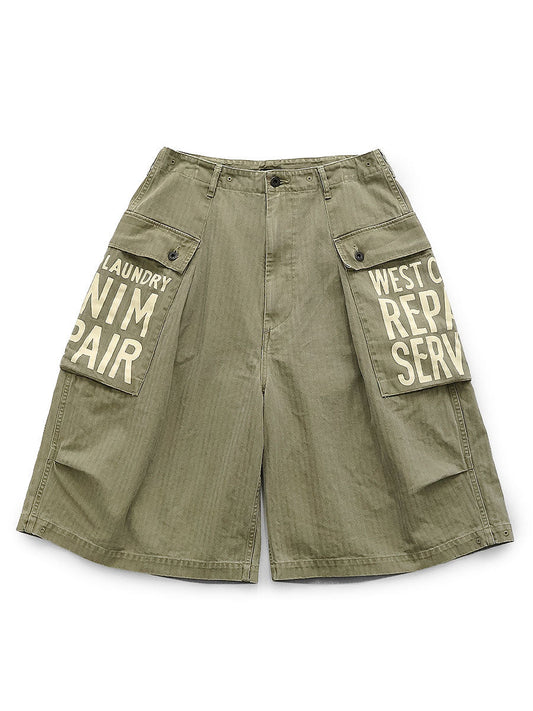 Kapital Herringbone Jumbo Monkey Short Pants (Factory Repair Print; Embroidery)