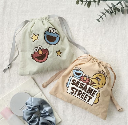 Sesame Street Embroidered Drawstring Pouch Beige