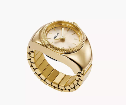 Gold Tone Stainless Steel Watch Ring Quartz Two Hand Ring Watch