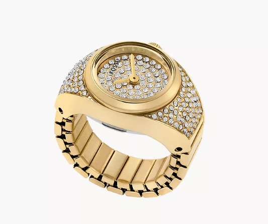 Gold Tone Glitz Stainless Steel Watch Ring Quartz Two Hand Ring Watch