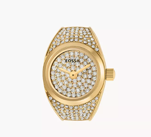 Gold Tone Glitz Stainless Steel Watch Ring Quartz Two Hand Ring Watch