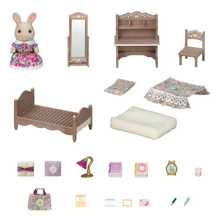 Sylvanian Families Liberty Print Kids Bedroom Set with Milk Rabbit Girl Rebecca