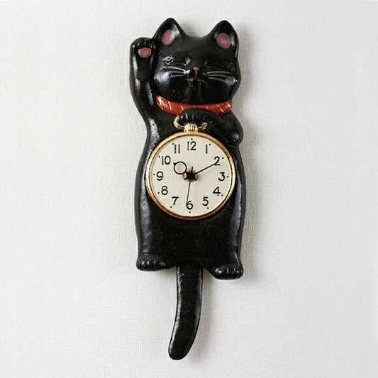 Japanese Ceramic Lucky Cat Pendulum Wall Clock Black Cat Design