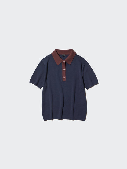Women Polo Knit Sweater Short Sleeve