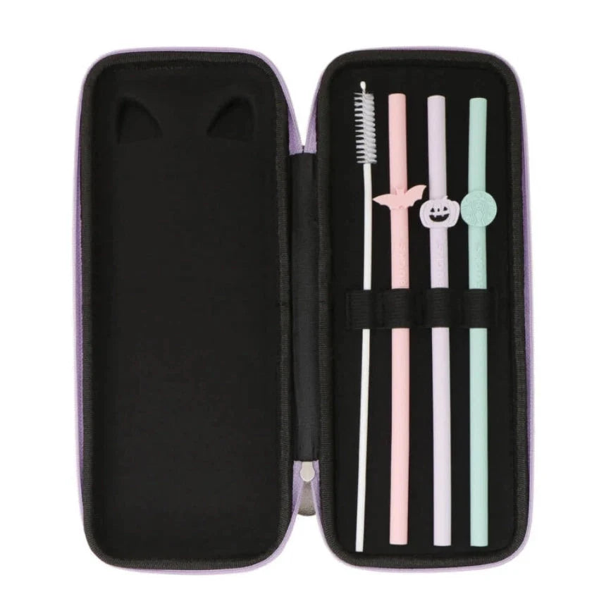 Starbucks Halloween 2024 Colorful Silicone Straw Set with Cleaning Brush & Odd-Eye Cat Case
