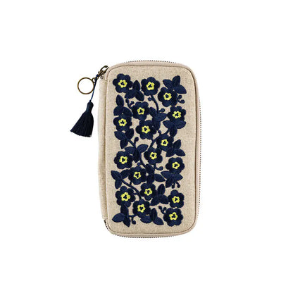 Hobonichi Techo 2026 Small Drawer Pouch Floral Embroidery Linen Organizer Case Navy Yellow