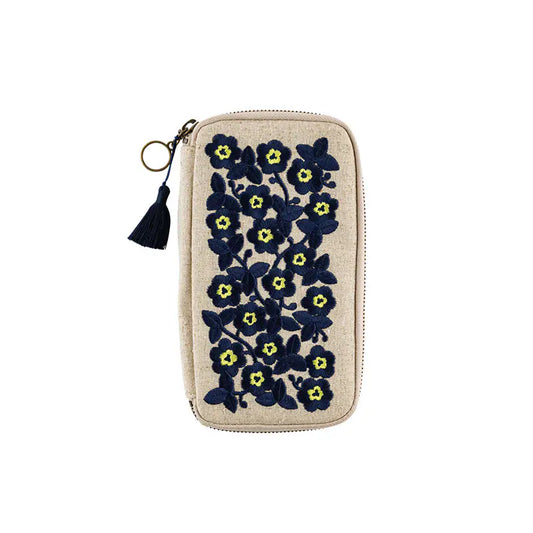 Hobonichi Techo 2026 Small Drawer Pouch Floral Embroidery Linen Organizer Case Navy Yellow