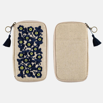 Hobonichi Techo 2026 Small Drawer Pouch Floral Embroidery Linen Organizer Case Navy Yellow